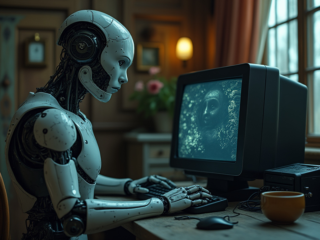 A robot facing a computer in a small room