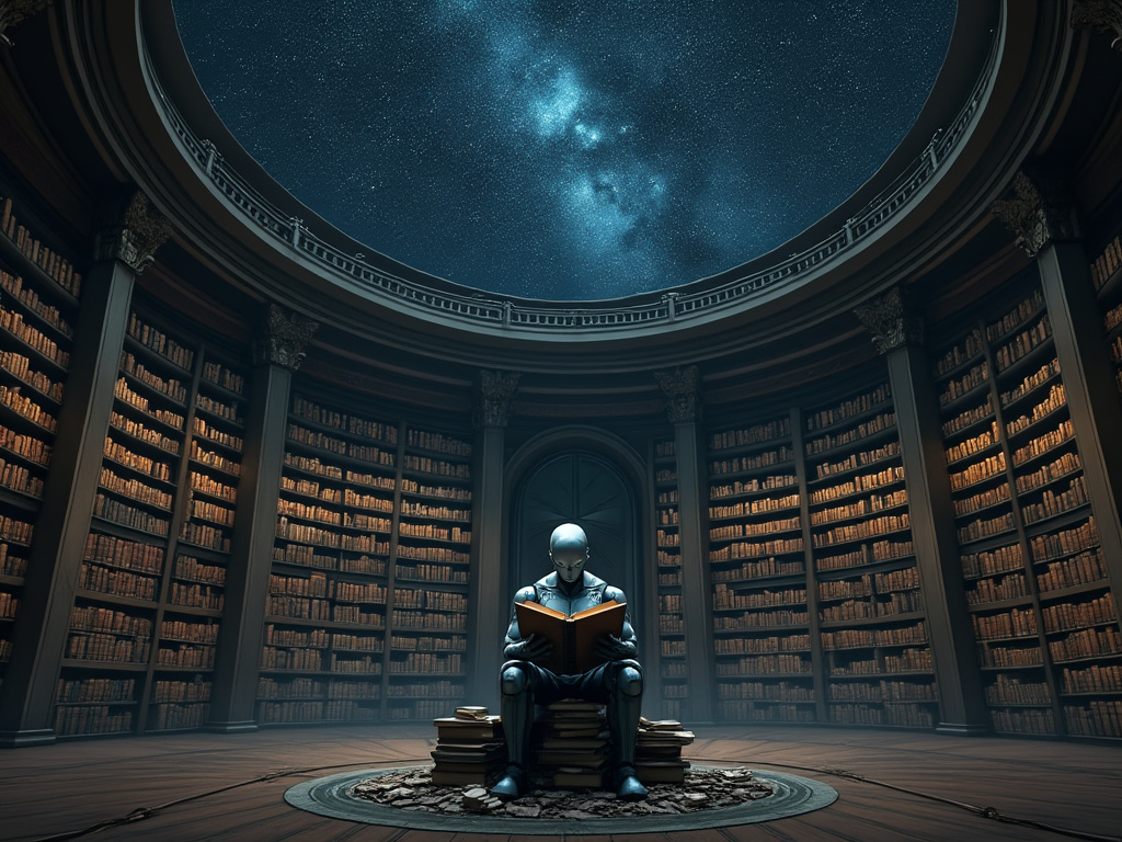 A robot reading in a giant library under the stars